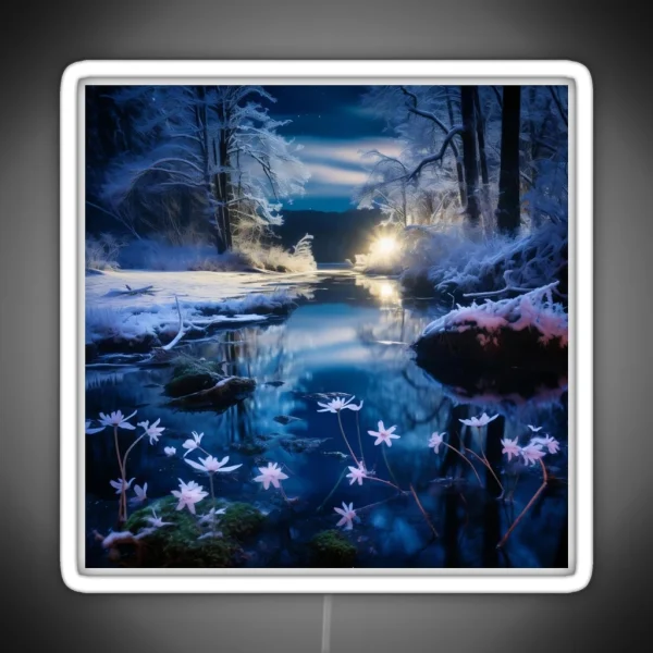Iceland Landscape With Aurora Night Sky In Long RGB Neon Sign