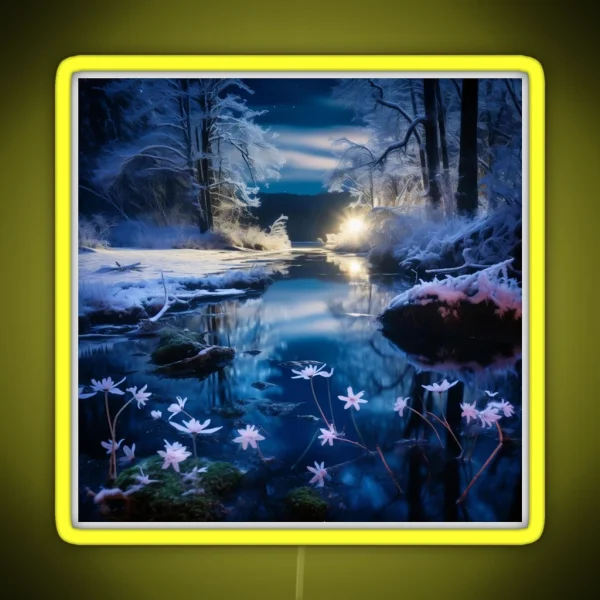 Iceland Landscape With Aurora Night Sky In Long RGB Neon Sign