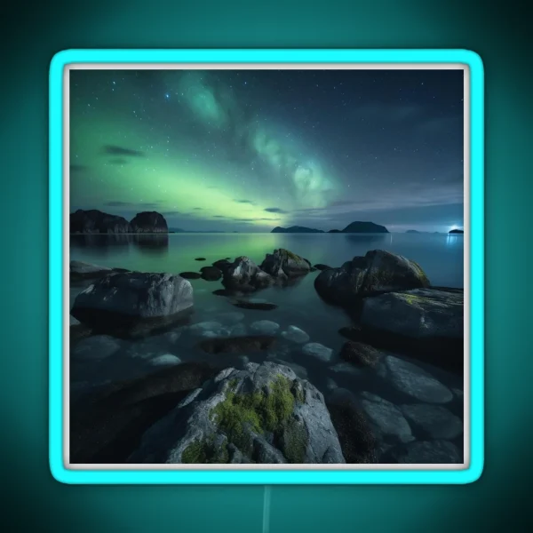 Iceland Landscape With Aurora Night Sky In Long RGB Neon Sign
