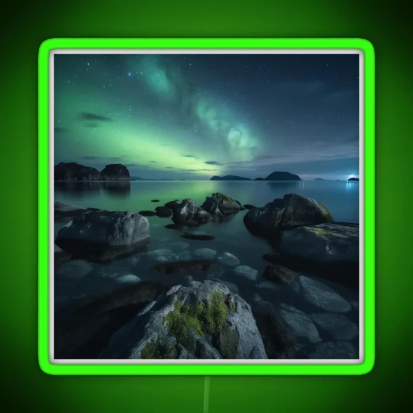Iceland Landscape With Aurora Night Sky In Long RGB Neon Sign