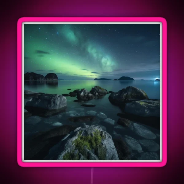 Iceland Landscape With Aurora Night Sky In Long RGB Neon Sign