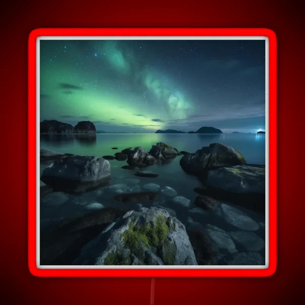 Iceland Landscape With Aurora Night Sky In Long RGB Neon Sign