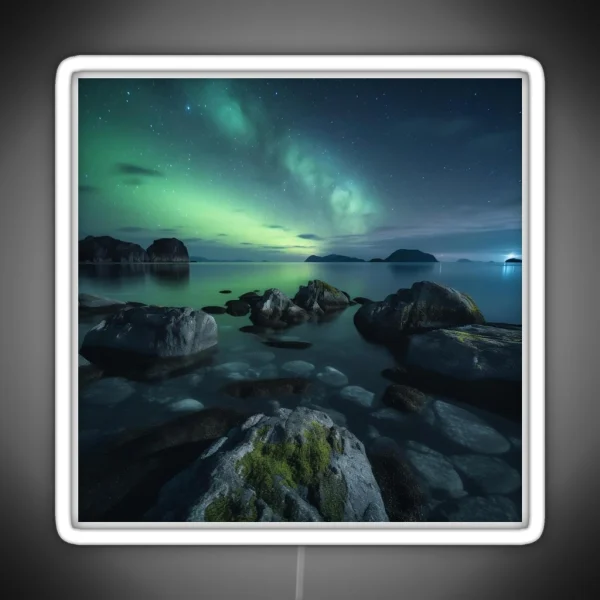 Iceland Landscape With Aurora Night Sky In Long RGB Neon Sign