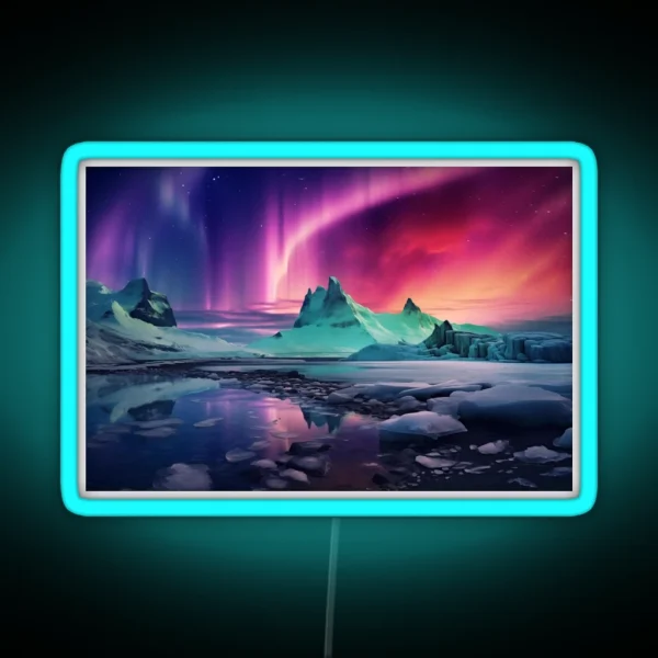 Iceland Landscape With Aurora Night Sky In RGB Neon Sign