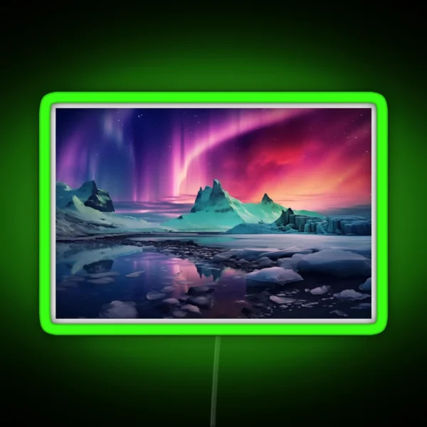 Iceland Landscape With Aurora Night Sky In RGB Neon Sign
