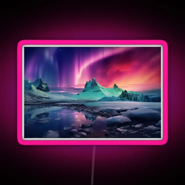 Iceland Landscape With Aurora Night Sky In RGB Neon Sign