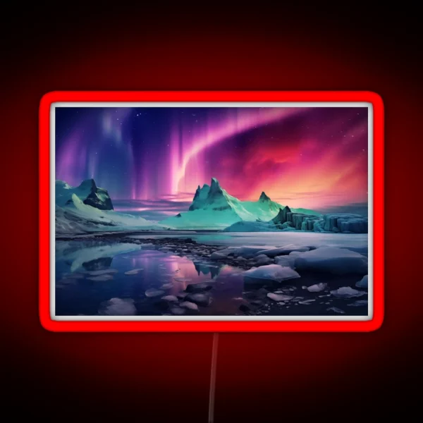Iceland Landscape With Aurora Night Sky In RGB Neon Sign