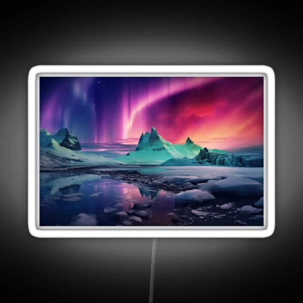 Iceland Landscape With Aurora Night Sky In RGB Neon Sign