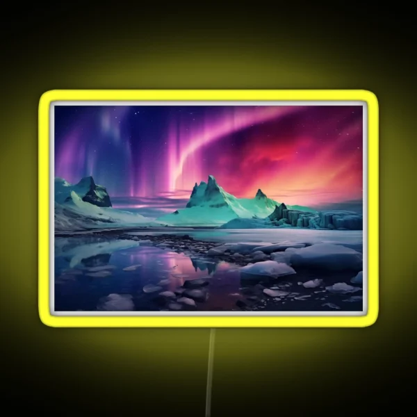 Iceland Landscape With Aurora Night Sky In RGB Neon Sign