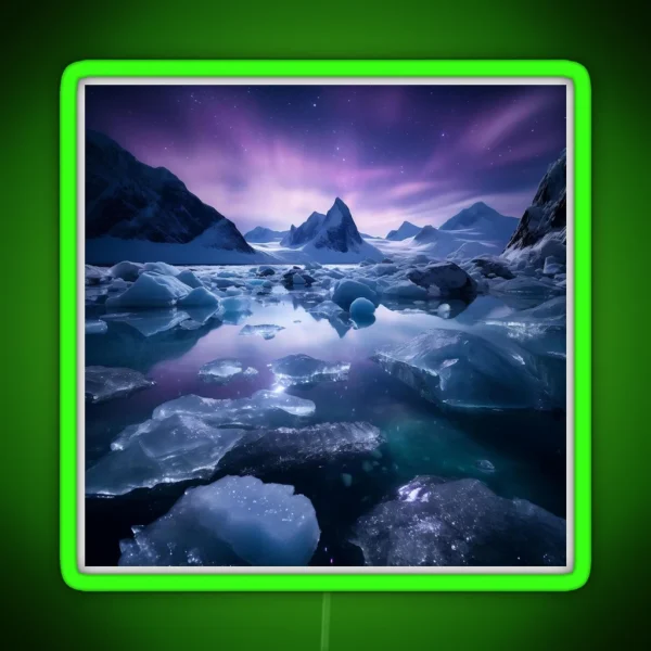 Iceland Landscape With Aurora Night Sky In RGB Neon Sign