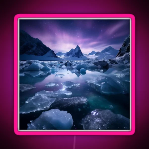 Iceland Landscape With Aurora Night Sky In RGB Neon Sign