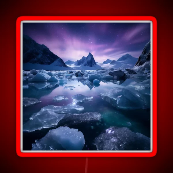 Iceland Landscape With Aurora Night Sky In RGB Neon Sign