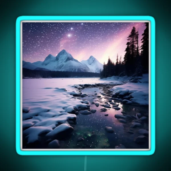 Iceland Landscape With Aurora Night Sky In Long RGB Neon Sign