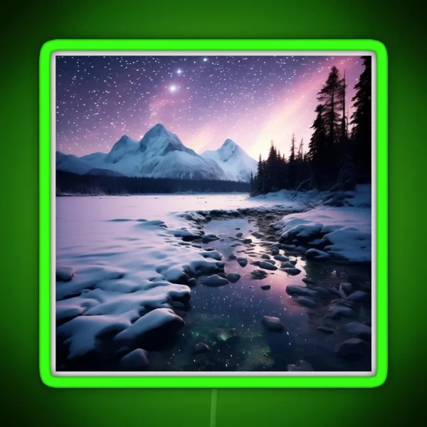 Iceland Landscape With Aurora Night Sky In Long RGB Neon Sign