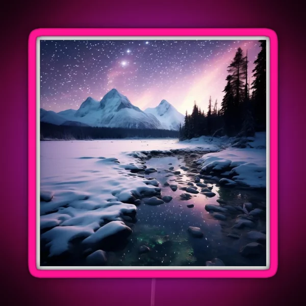 Iceland Landscape With Aurora Night Sky In Long RGB Neon Sign