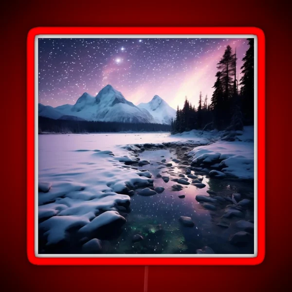 Iceland Landscape With Aurora Night Sky In Long RGB Neon Sign