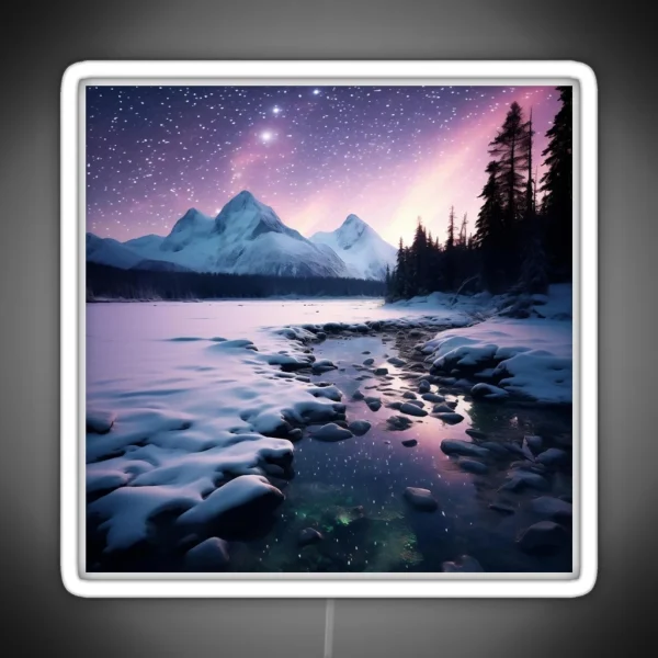 Iceland Landscape With Aurora Night Sky In Long RGB Neon Sign