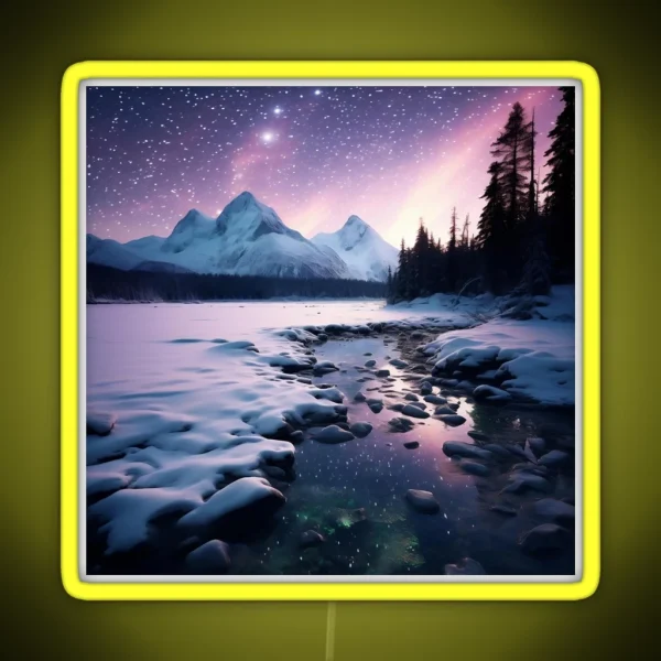 Iceland Landscape With Aurora Night Sky In Long RGB Neon Sign