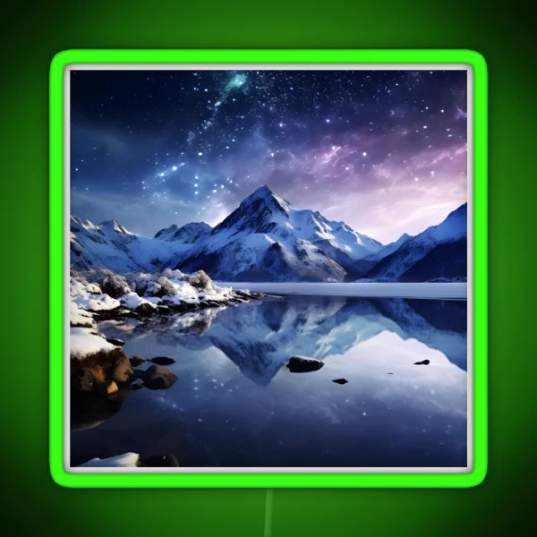 Iceland Landscape With Aurora Night Sky In RGB Neon Sign