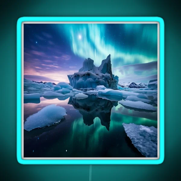 Iceland Landscape With Aurora Night Sky In Long RGB Neon Sign