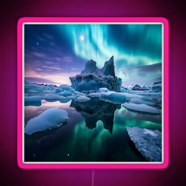 Iceland Landscape With Aurora Night Sky In Long RGB Neon Sign
