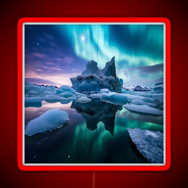 Iceland Landscape With Aurora Night Sky In Long RGB Neon Sign