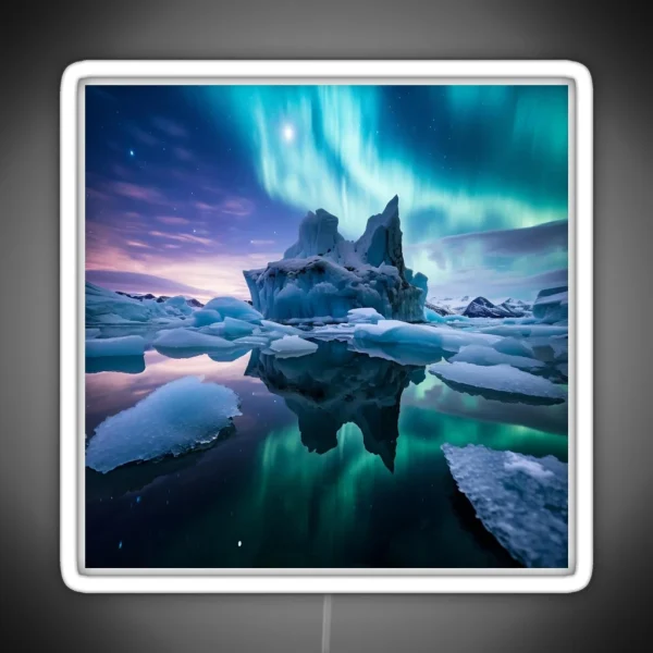 Iceland Landscape With Aurora Night Sky In Long RGB Neon Sign