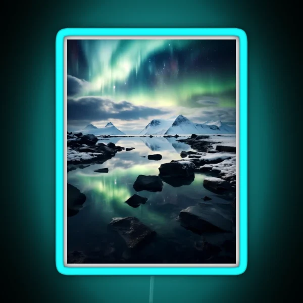 Iceland Landscape With Aurora Night Sky In Long RGB Neon Sign