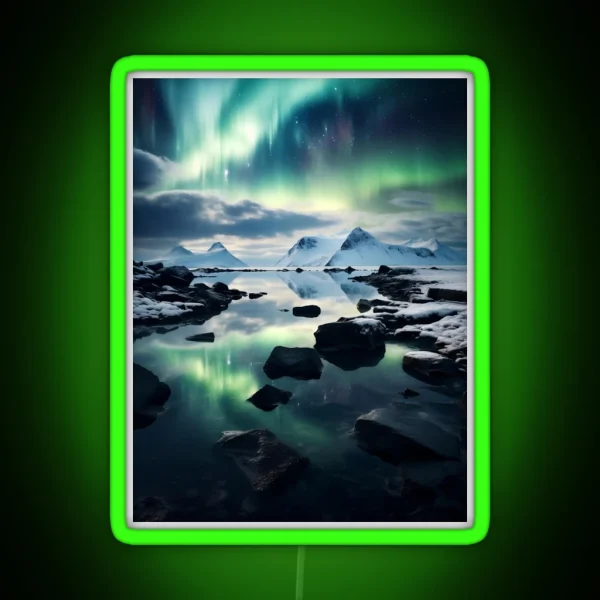 Iceland Landscape With Aurora Night Sky In Long RGB Neon Sign