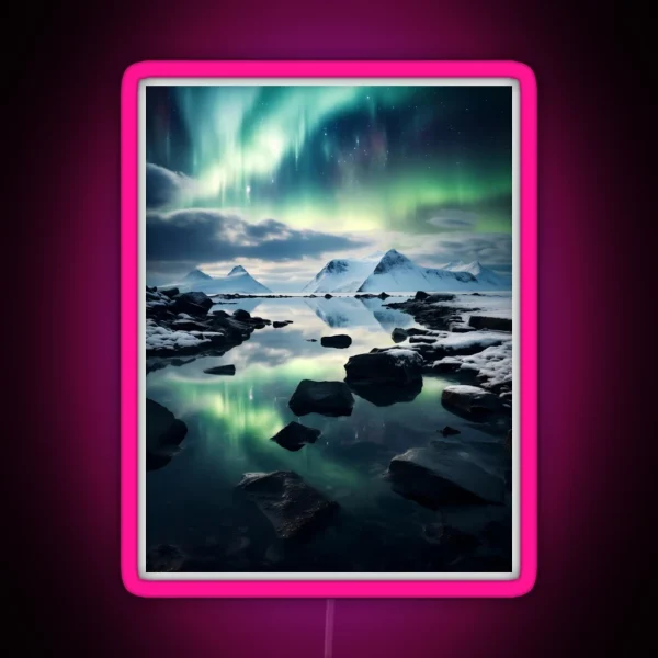 Iceland Landscape With Aurora Night Sky In Long RGB Neon Sign