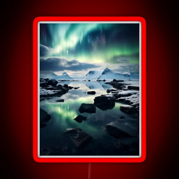 Iceland Landscape With Aurora Night Sky In Long RGB Neon Sign