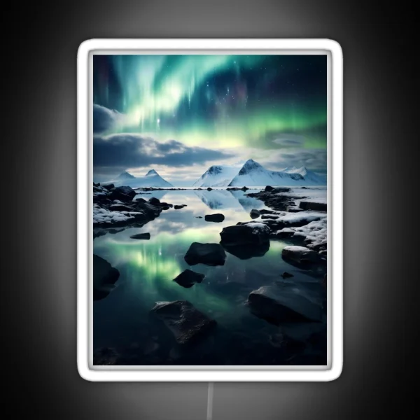 Iceland Landscape With Aurora Night Sky In Long RGB Neon Sign
