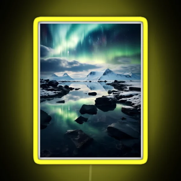 Iceland Landscape With Aurora Night Sky In Long RGB Neon Sign
