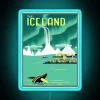 Vintage Iceland travel advertising print with vibrant colorful neon glow accents
