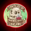 Neon recycling symbol sign, promoting eco-friendly practices in urban spaces.