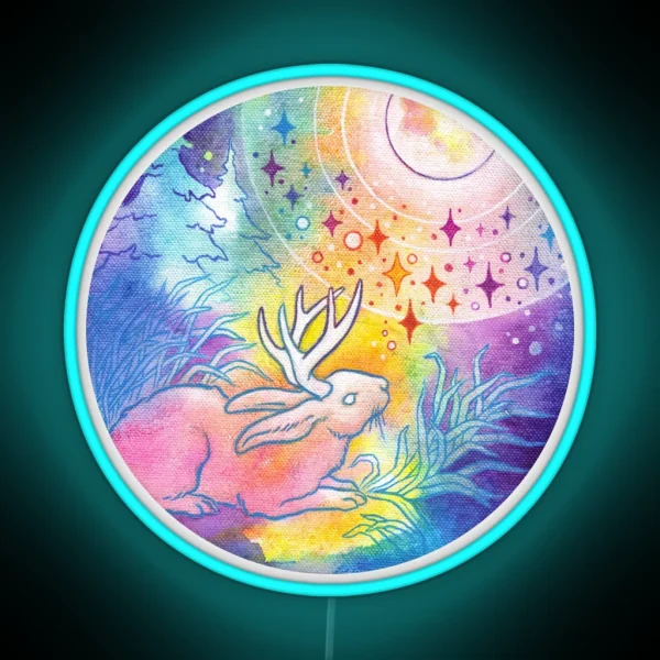 Jackalope Of The Night Rainbow Moon Painting RGB Neon Sign