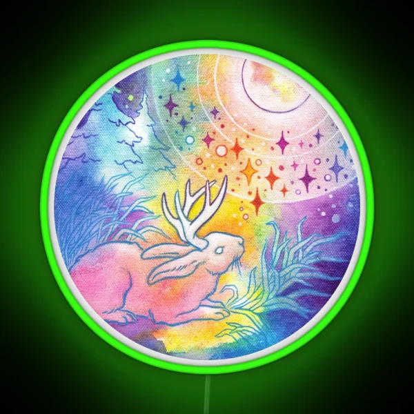 Jackalope Of The Night Rainbow Moon Painting RGB Neon Sign