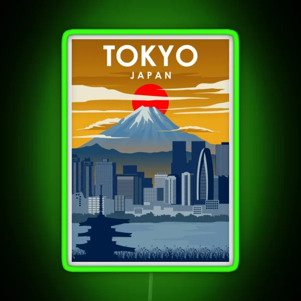 Japan Tokyo Mount Fuji Cityscape Vintage Minimal Travel Poster RGB Neon Sign