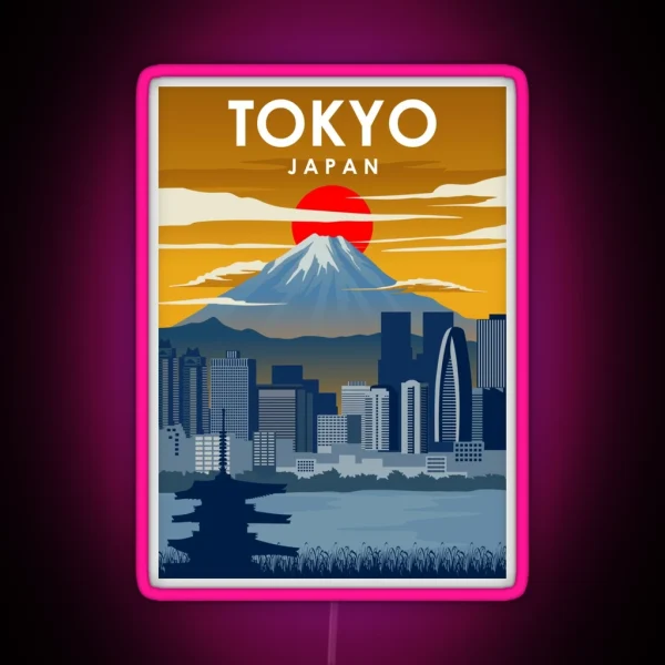 Japan Tokyo Mount Fuji Cityscape Vintage Minimal Travel Poster RGB Neon Sign