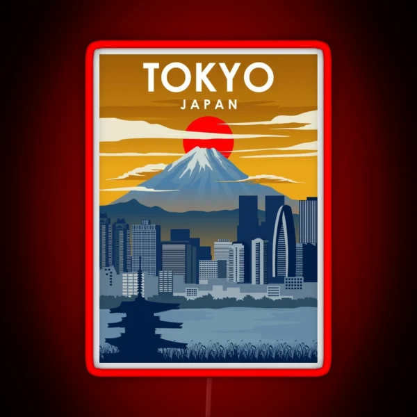 Japan Tokyo Mount Fuji Cityscape Vintage Minimal Travel Poster RGB Neon Sign