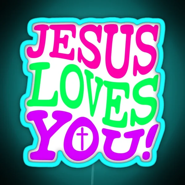 Jesus Loves You Retro Style Christian Design With Small Cross RGB Neon Sign