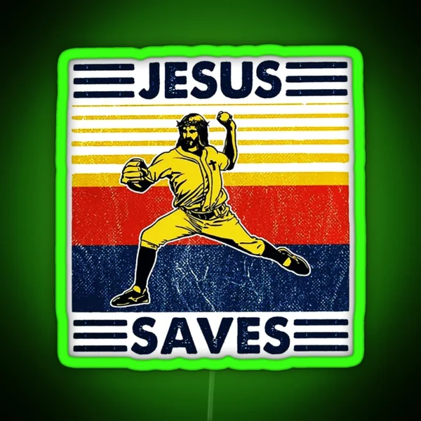 Jesus Saves Funny Vintage Baseball RGB Neon Sign