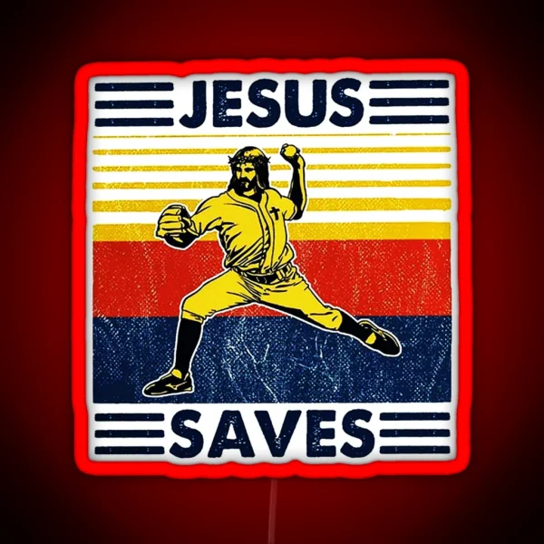 Jesus Saves Funny Vintage Baseball RGB Neon Sign