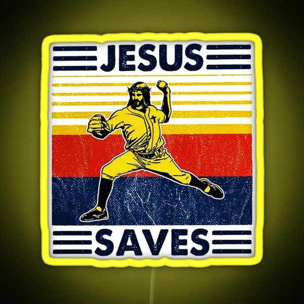 Jesus Saves Funny Vintage Baseball RGB Neon Sign