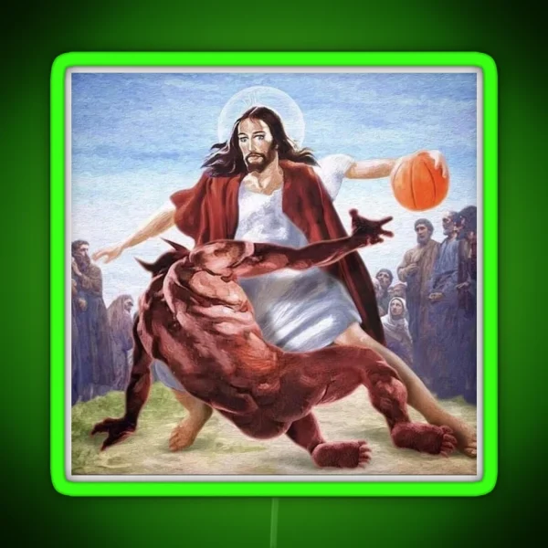 Jesus Vs Satan In Basketball RGB Neon Sign