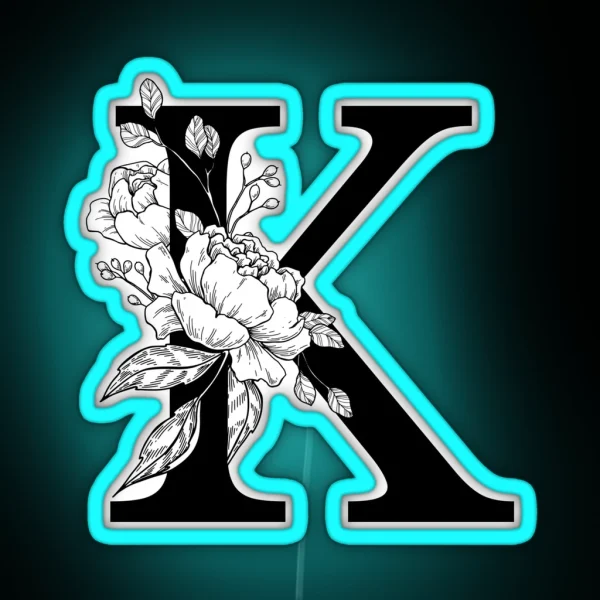 K Botanical Monogram Detailed Peony Drawing RGB Neon Sign