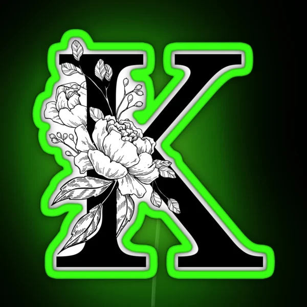 K Botanical Monogram Detailed Peony Drawing RGB Neon Sign