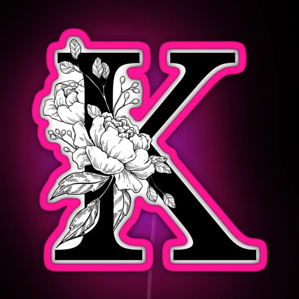 K Botanical Monogram Detailed Peony Drawing RGB Neon Sign