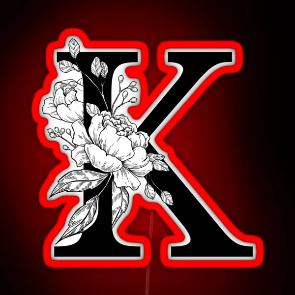 K Botanical Monogram Detailed Peony Drawing RGB Neon Sign