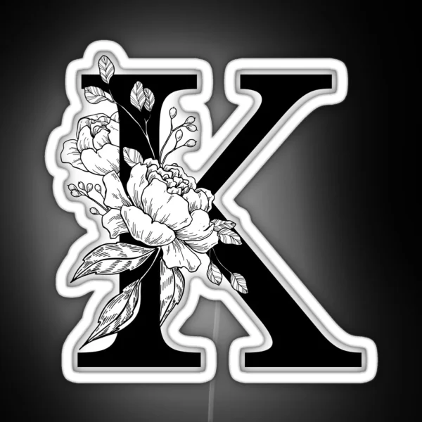 K Botanical Monogram Detailed Peony Drawing RGB Neon Sign